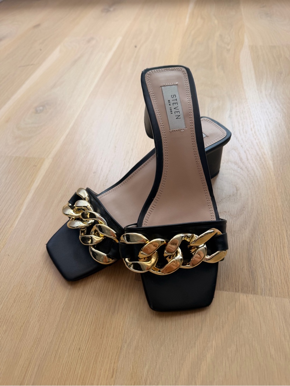Steve Madden Black Slide Sandals with Gold Chain Accent